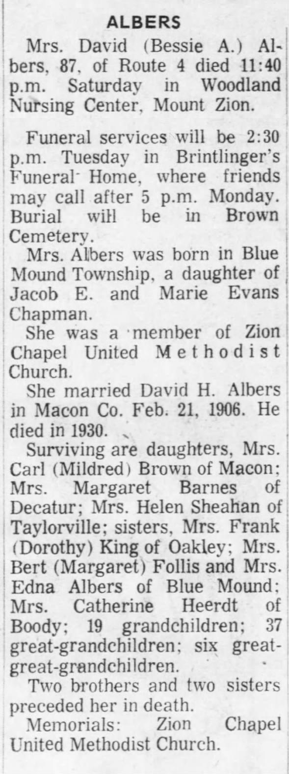 Bessie A Chapman Albers Obit 1974